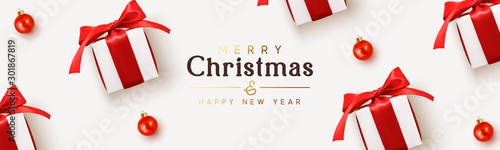 Holiday banner Merry Christmas and Happy New Year. Realistic white gifts boxes. Pattern with gift box with red bow. Xmas ornaments baubles balls. Horizontal festive poster, headers for website