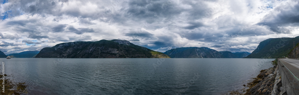 Ferry crossing the Sognefjord. The ferry crossing between Mannheller and Fodnes