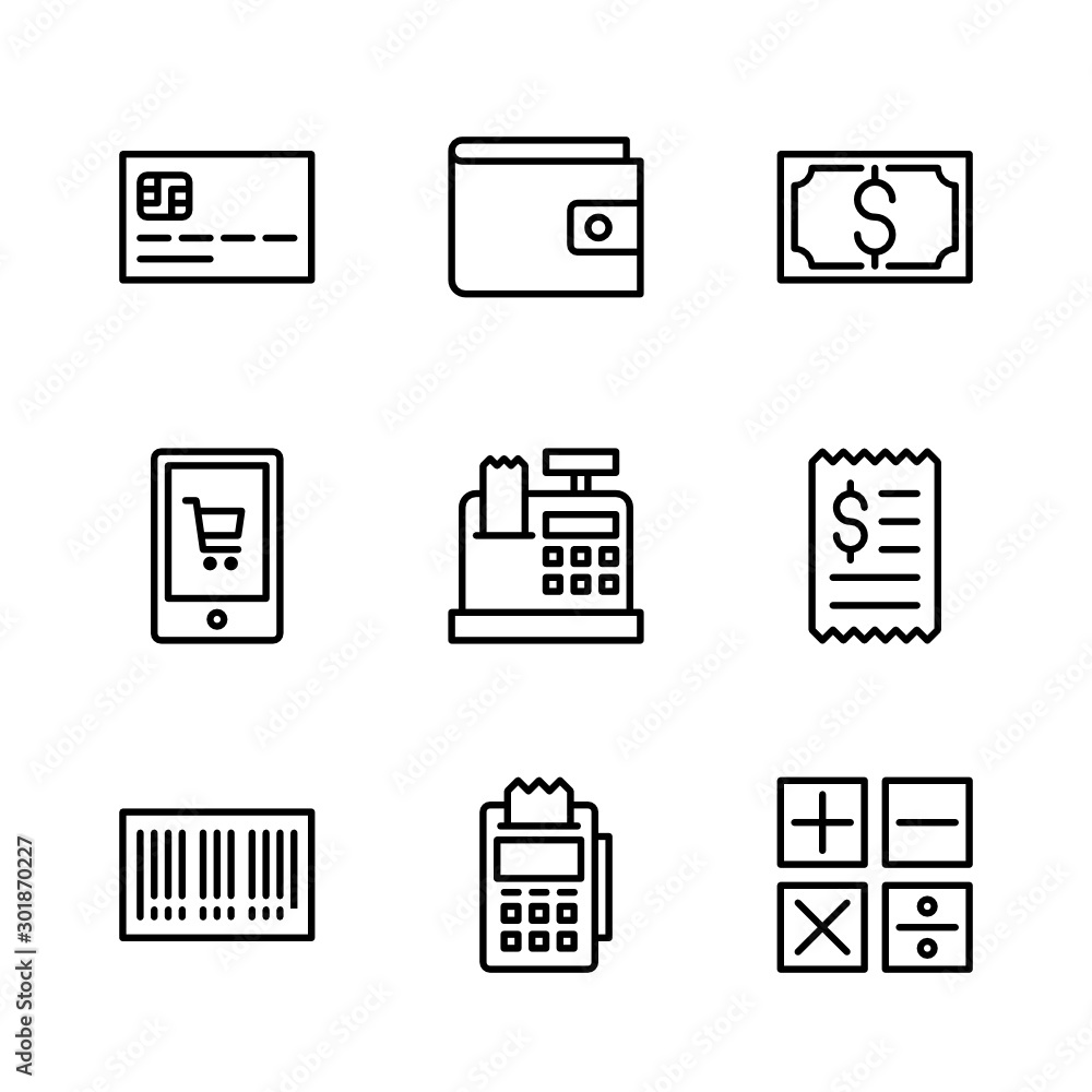 Ecommerce Outline Vector Icon Set 3, Credit Card, Wallet, Money, Online  Shop, Cash Register, Bill, Barcode, Payment Terminal and Calculator vector  de Stock | Adobe Stock
