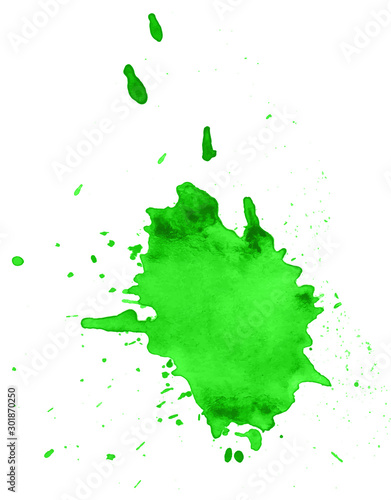 Green abstract watercolor texture stain with splashes and spatters.