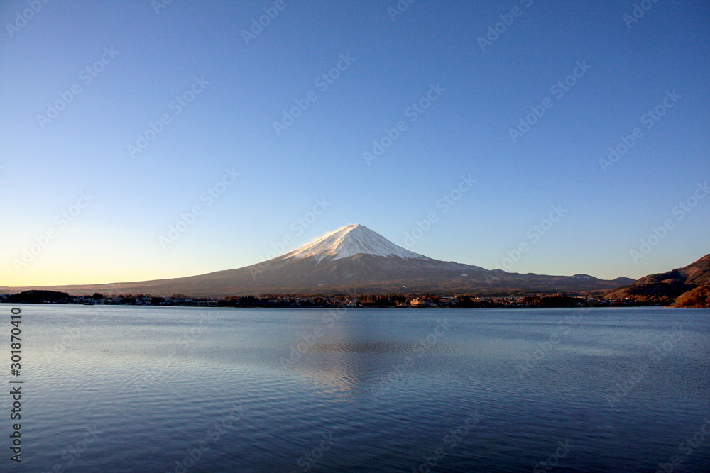 Morning view of Mt. Fuji with clear blue sky from lake Kawaguchiko