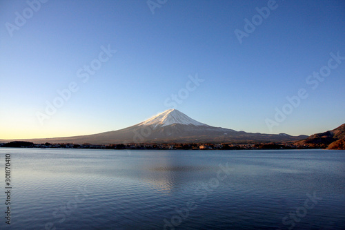 Morning view of Mt. Fuji with clear blue sky from lake Kawaguchiko