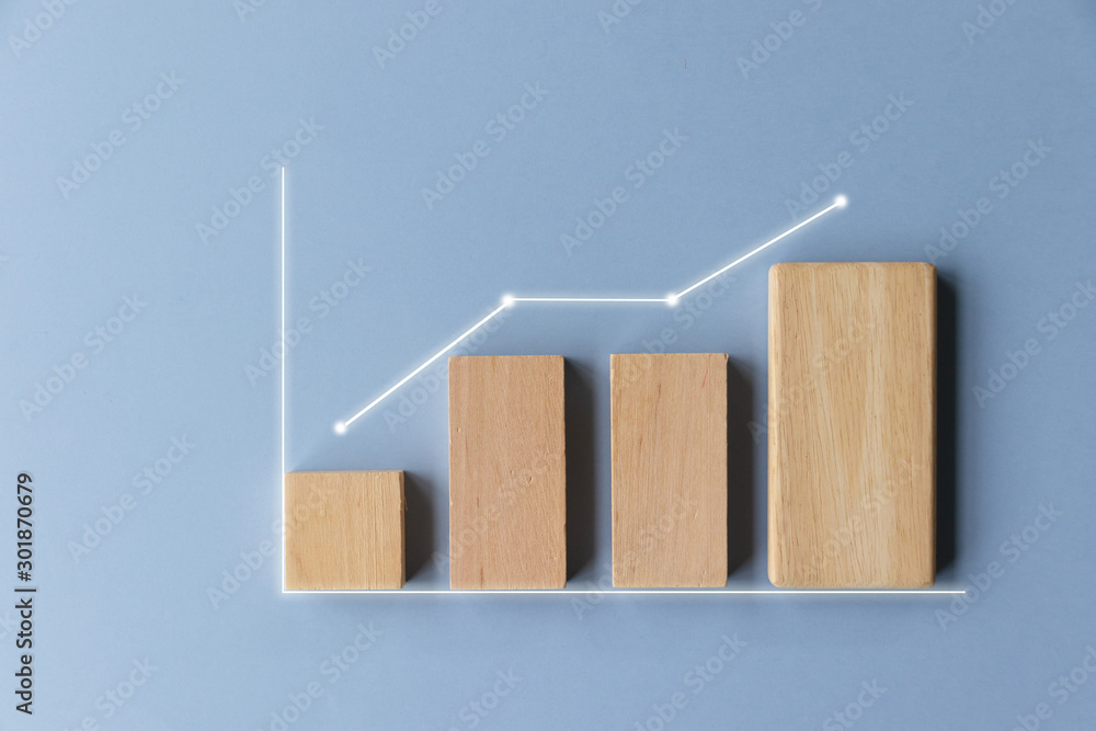 Simple Wooden toy block financial bar chart graph with upward trend ...