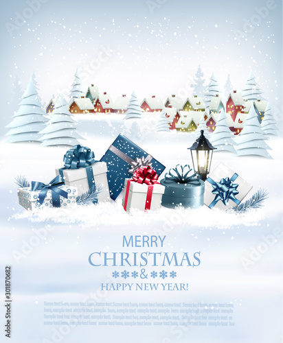 Christmas holiday background with colorful gift boxes and garland. Vector. © ecco