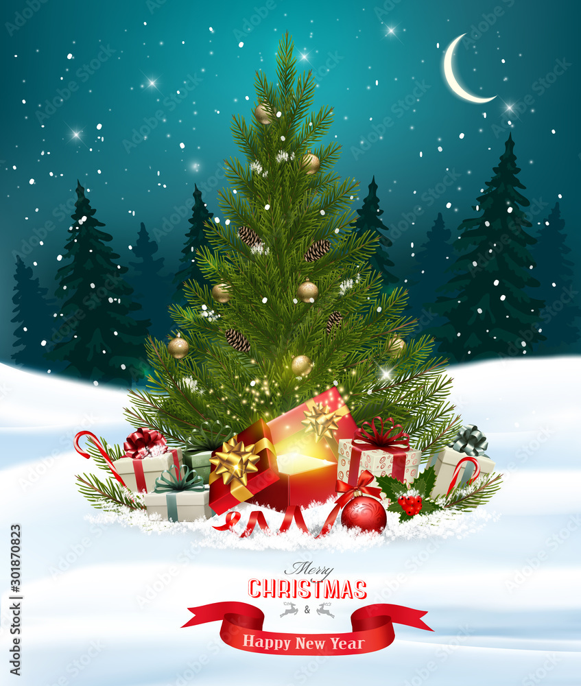 Christmas holiday background with colorful gift boxes and wooden sign. Vector.