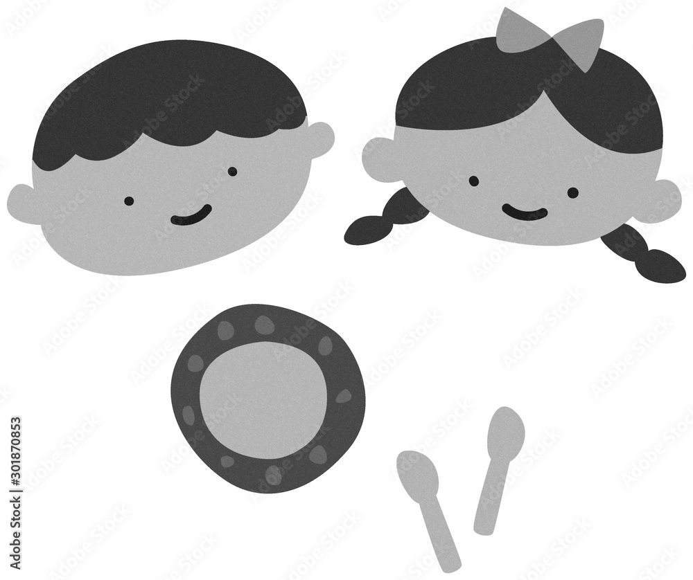 レトロ 子ども 白黒 お皿 スプーン 男の子 女の子 イラスト Vector De Stock Adobe Stock