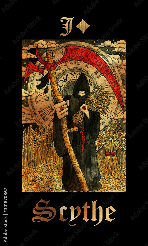 Scythe. Card of Lenormand oracle deck Gothic Mysteries.