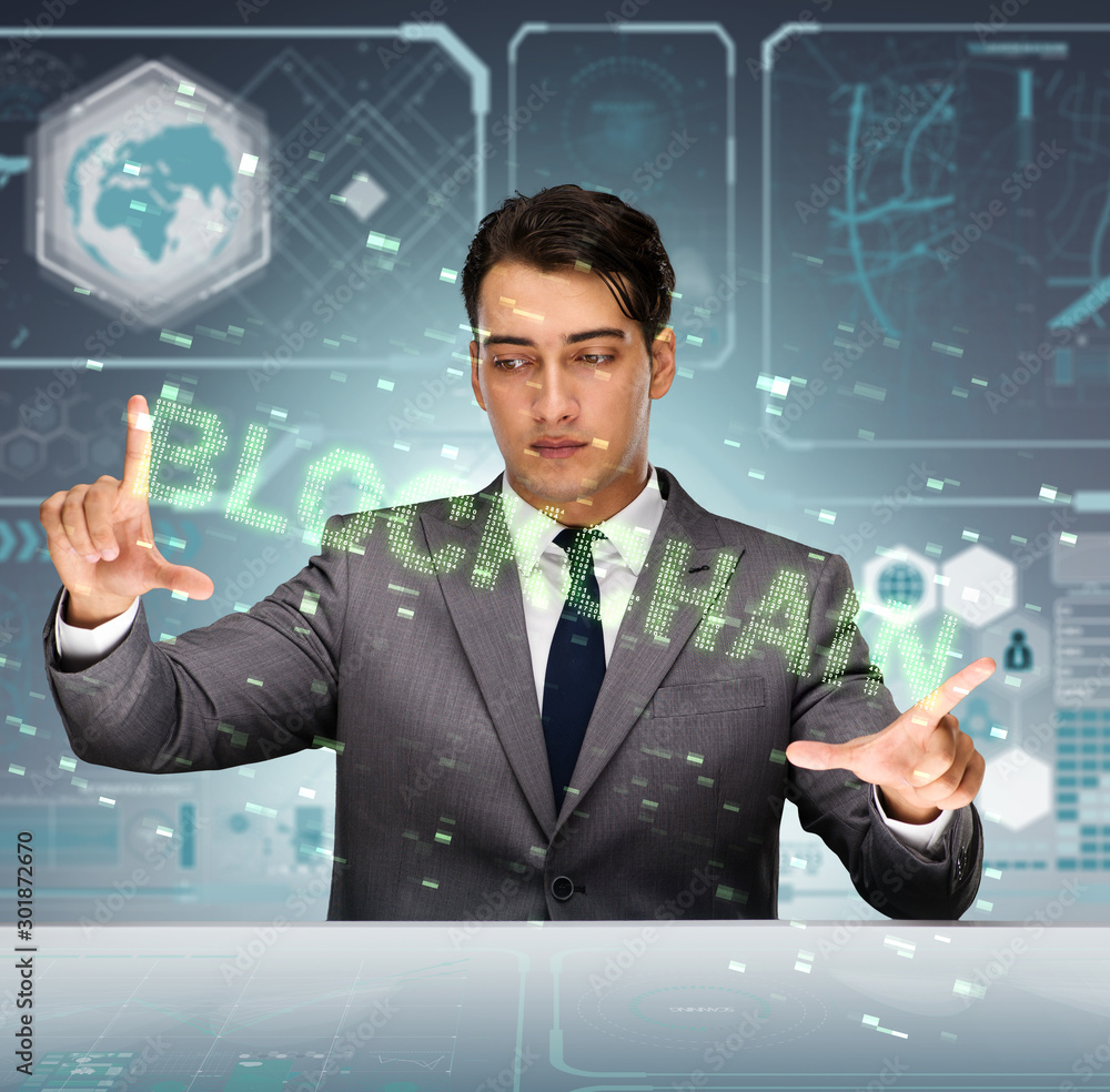 Businessman in blockchain cryptocurrency concept Businessman in blockchain cryptocurrency concept