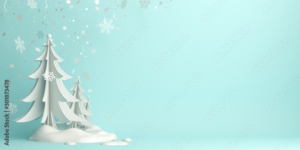 Winter abstract background design creative concept, snow icon, pine, spruce, fir tree art paper cut origami with blue pastel sky. Copy space text area. 3D rendering illustration.