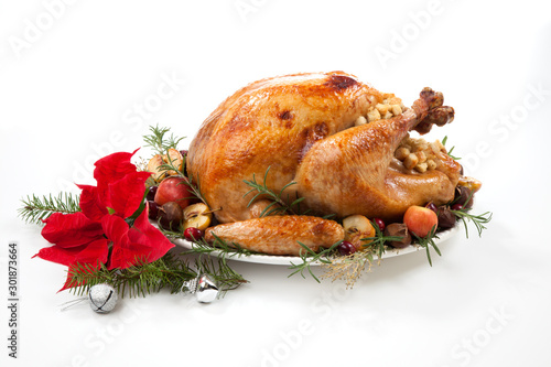 Christmas Roasted Turkey with Grab Apples over white