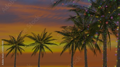 Palm trees decorated with Christmas lights at sunset  2 - 3d Rendering