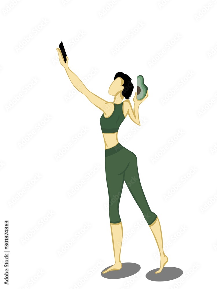 Slim woman taking a selfie with the avocado. A woman in a fitness suit . Fitness blogger.