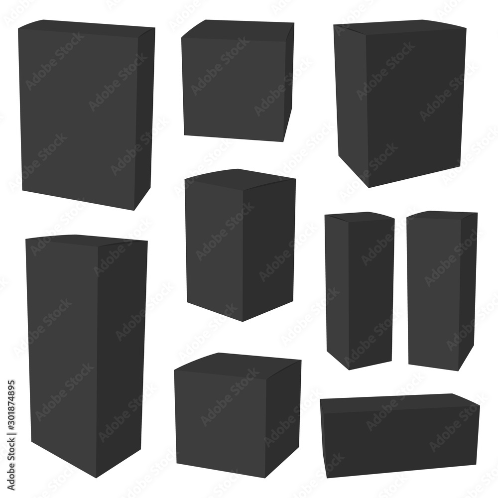Black cardboard packaging box. Mockup can be used for medicine and cosmetic. Vector illustration. Black cardboard packaging box. Mockup can be used for medicine and cosmetic. Vector illustration.