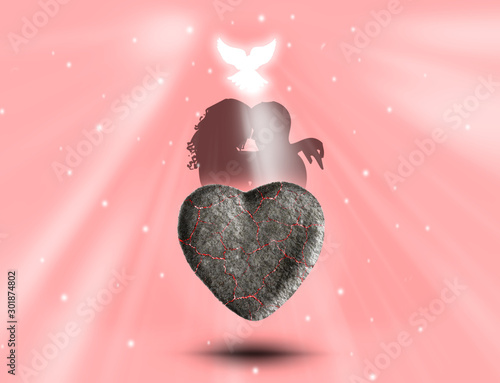Stone heart, loving couple and bird/dove are on the pink background. There are white rays of light/sun. Happy Valentine's Day