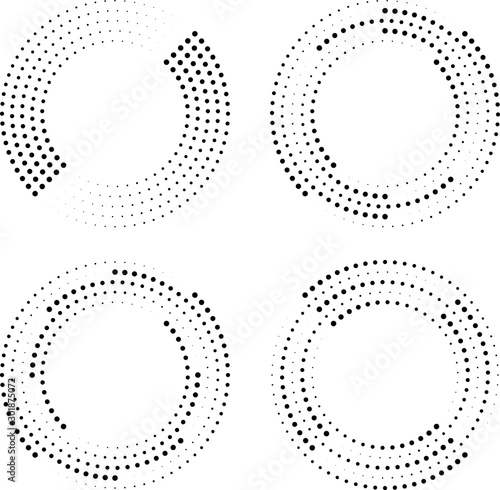 Set of halftone dots in circle form. Geometric shapes. Monochrome background. Dotted lines. Trendy design elements for border frames for pictures, prints, web pages, template, logo and textile pattern