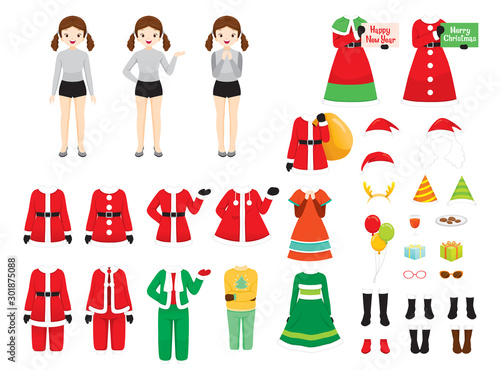 Girl With Christmas Costumes, Accessories Set, Christmas Clothes Elements