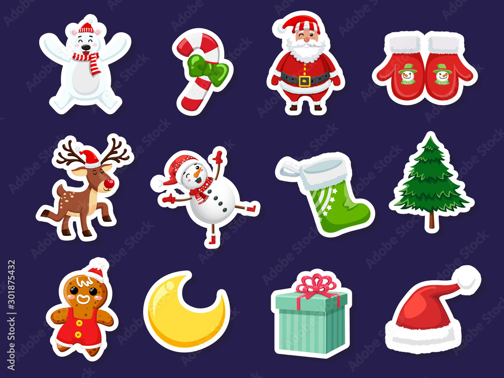 Set of Christmas icons stickers. Celebration event for Merry Christmas and New Year. Vector clipart illustration on color background