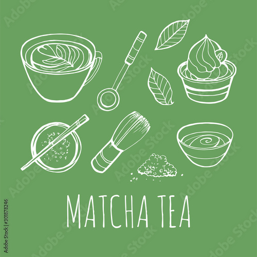 Matcha tea set. Objects isolated. Vector hand drawn illustration.