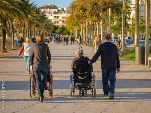 Wallpaper Mural Adult children spend time with their parents with disabilities in wheelchairs. Family walks along the promenade on a sunny day. A wheelchair is being pushed by the accompanying people. Roses Catalonia Torontodigital.ca