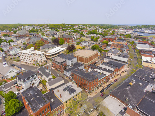 Aerial view of Gloucester City and City Hall, Cape Ann, Massachusetts, USA.