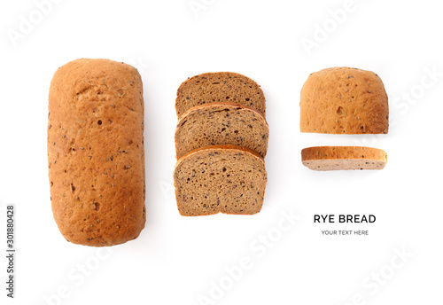 Creative layout made of rye bread on white background. Flat lay. Food concept. Macro concept.
