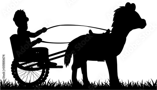 Vector illustration of the black silhouette of the horse and chaise with coachman