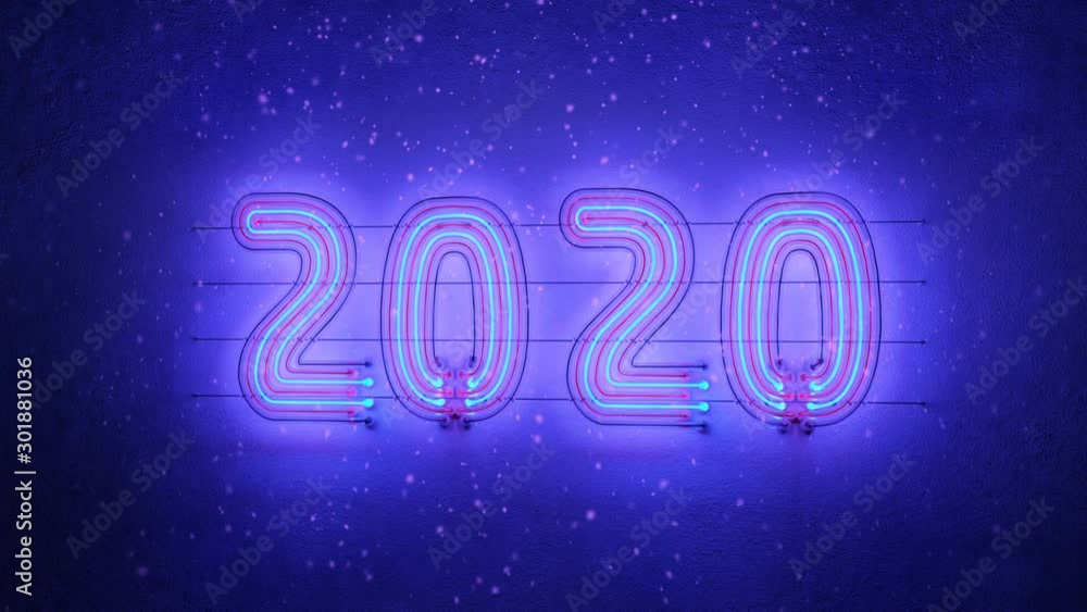Neon text 2020 on wall and snowfall. Christmas and New Year celebration. Seamless loop 3D render animation Neon text 2020 on wall and snowfall. Christmas and New Year celebration. Seamless loop 3D render animation