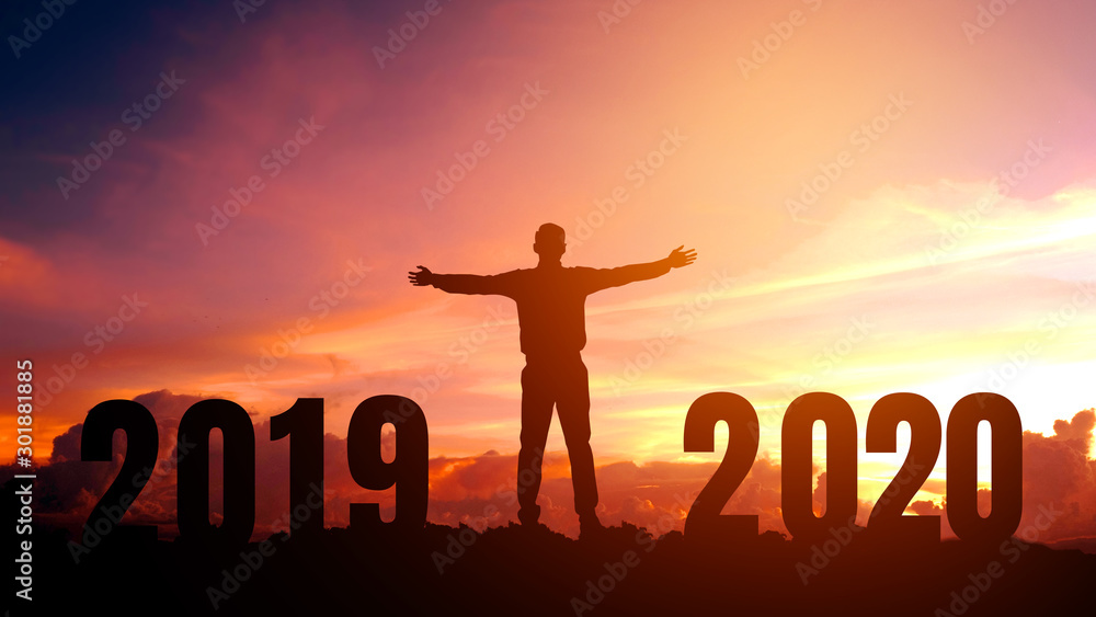 Silhouette young Business man happy to 2020 new year success concept. Silhouette young Business man happy to 2020 new year success concept.