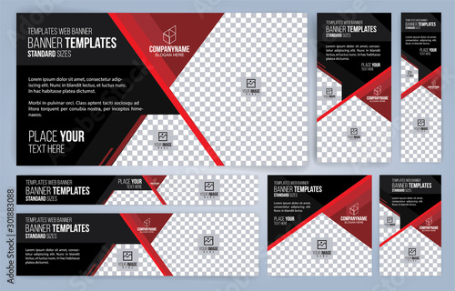 Red and Black Web banners templates, standard sizes with space for photo, modern design