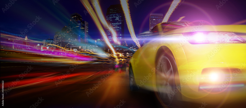 Front of a sport car with the city Front of a sport car with the city