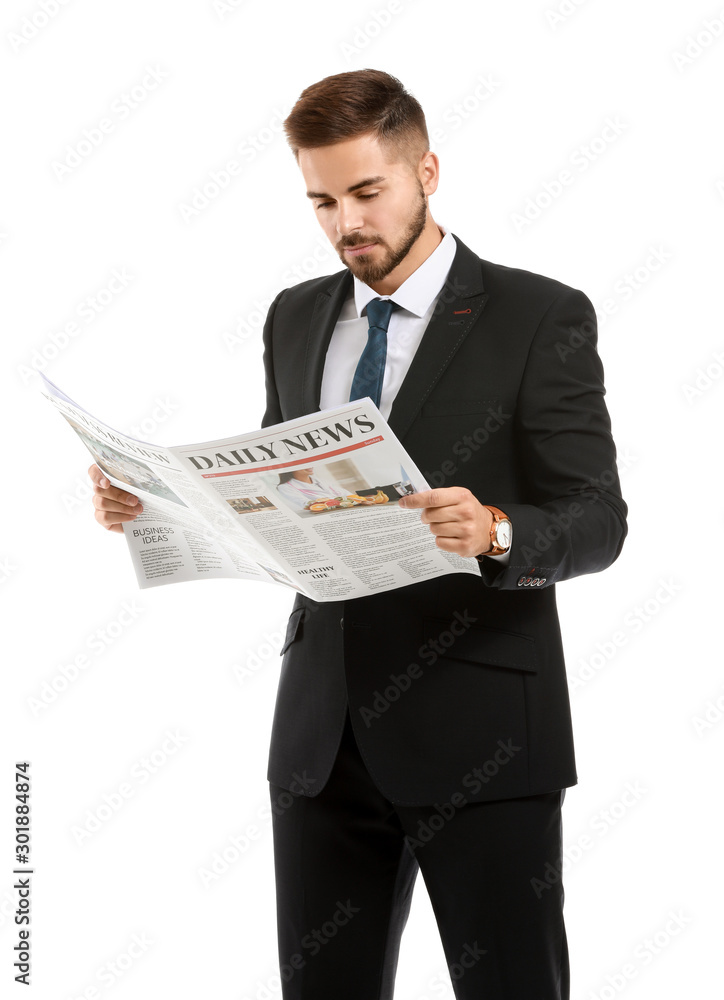 Handsome businessman with newspaper on white background Handsome businessman with newspaper on white background