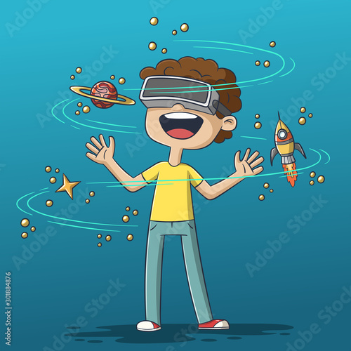 Boy using virtual reality headset. Hand drawn vector illustration with separate layers.