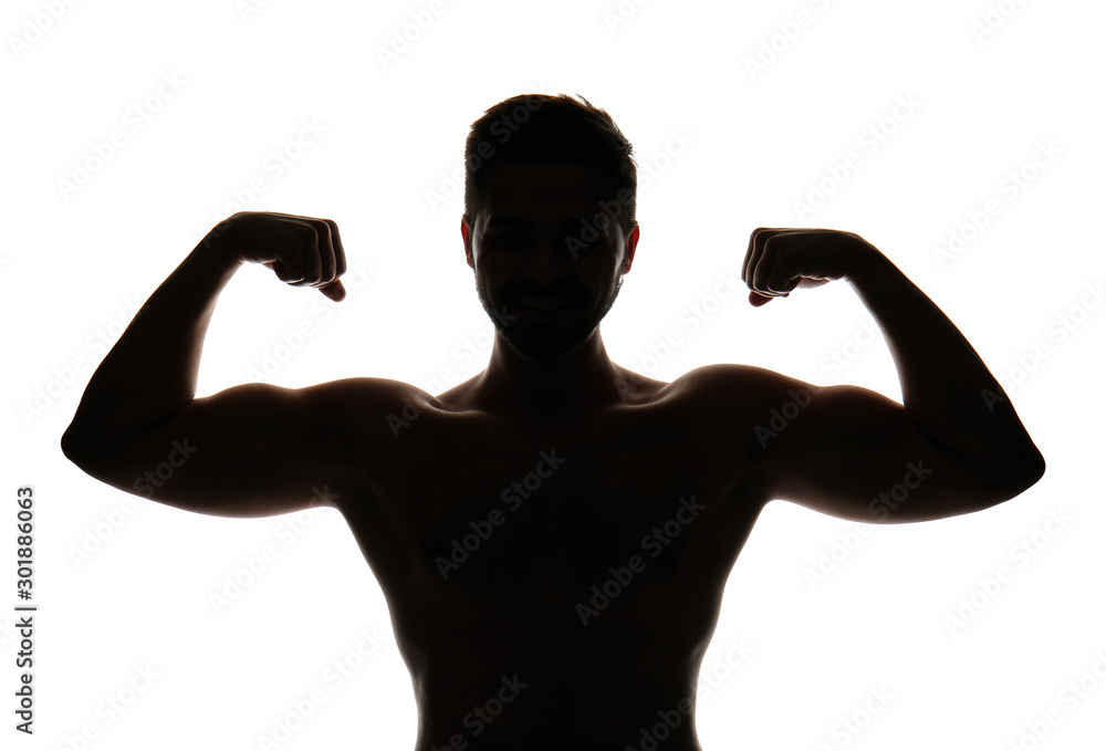 Fototapeta premium Silhouette of sporty young man on white background