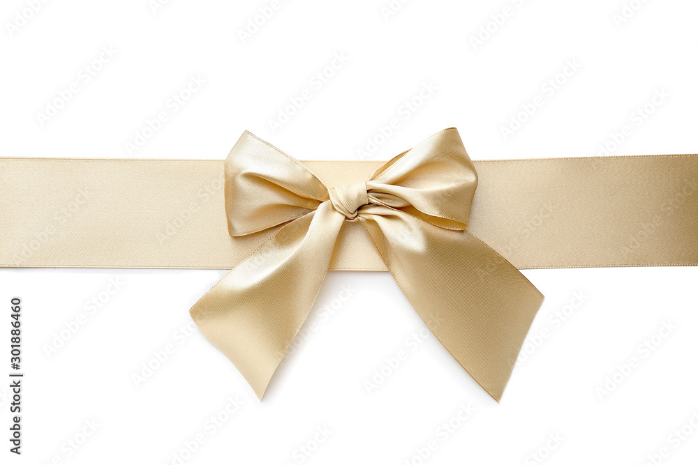 Golden ribbon with beautiful bow on white background Golden ribbon with beautiful bow on white background
