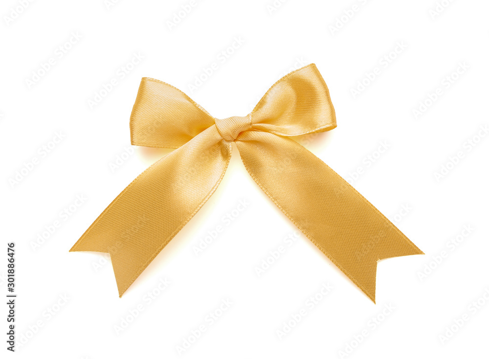 Bow made of beautiful golden ribbon on white background Bow made of beautiful golden ribbon on white background