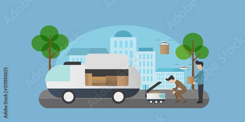 Technological shipment innovation concept, People are delivering products by robot