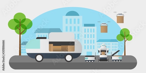 Modern delivery by robots,Concept of future delivery by artificial intelligence technology