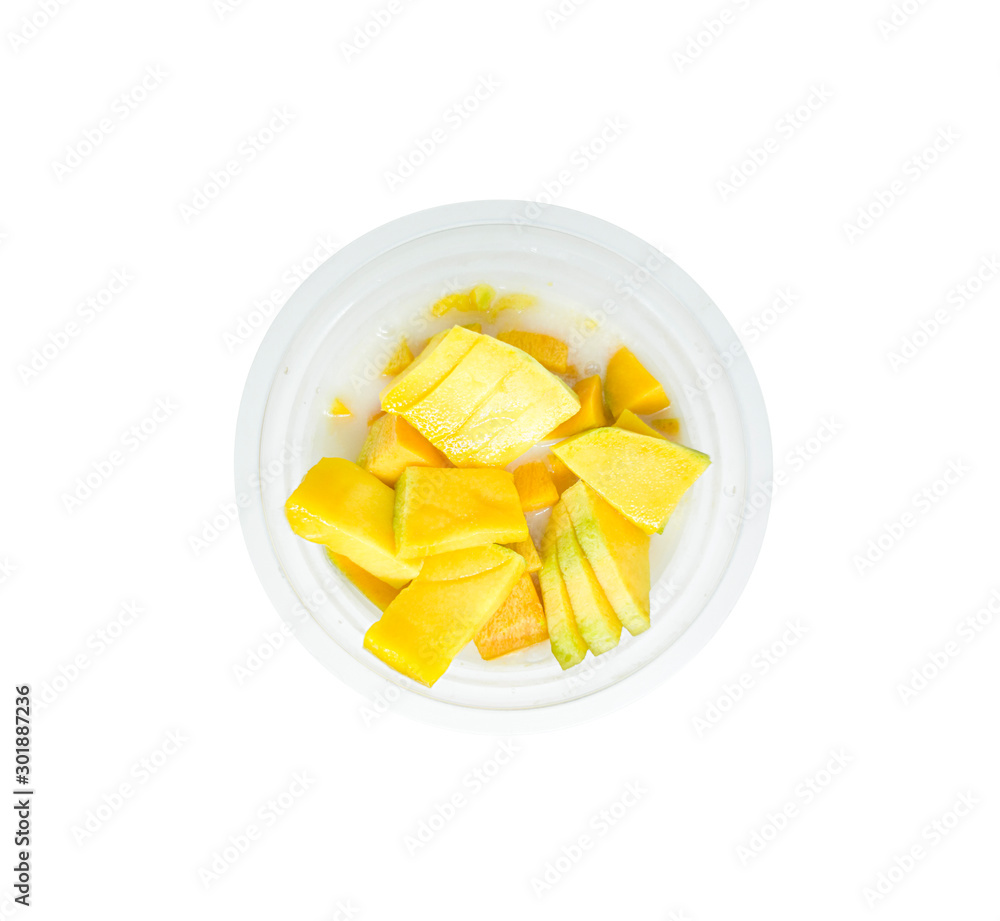 fresh mango slices in plastic cups isolated on white background. Fresh cold drinks mixed with mango slices fresh mango slices in plastic cups isolated on white background. Fresh cold drinks mixed with mango slices