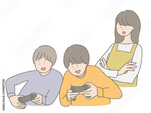 ゲームする子どもに注意する親