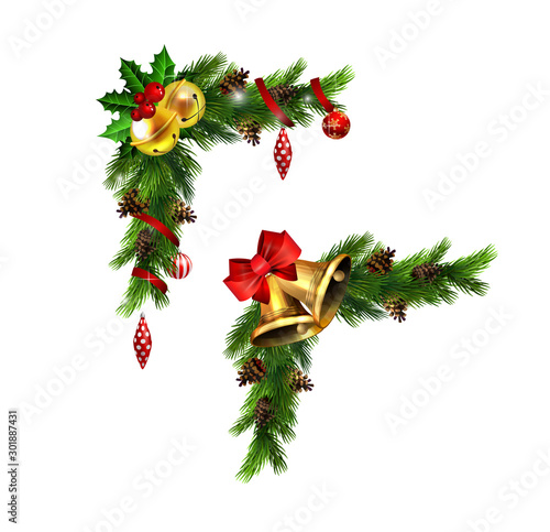 Christmas decorations with fir tree golden jingle bells