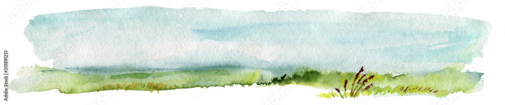 Hand Drawn Traditional Watercolor European Panoramic Landscape - obrazy, fototapety, plakaty 