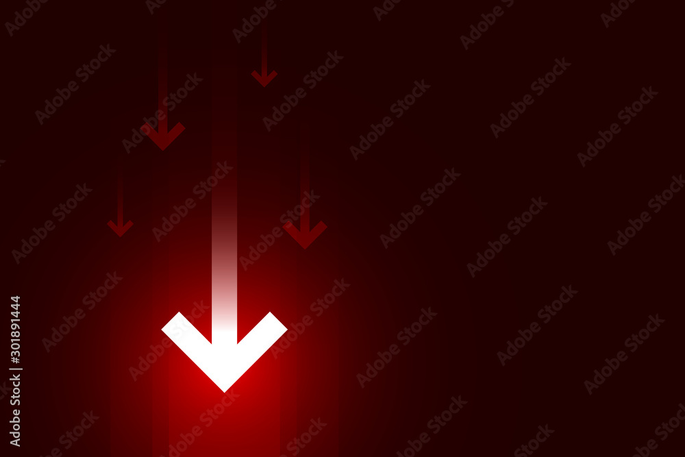 Fotografie Light down arrow on dark red background, economic crisis concept, copy space composition