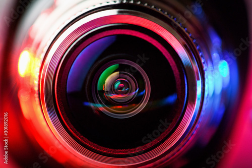 Camera lens with red and blue backlight. Macro photography lenses. Horizontal photography