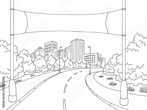 Road banner graphic black white city landscape sketch illustration vector