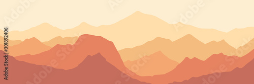 Fantasy on the theme of the morning landscape, sunrise in the mountains, panoramic view, vector illustration