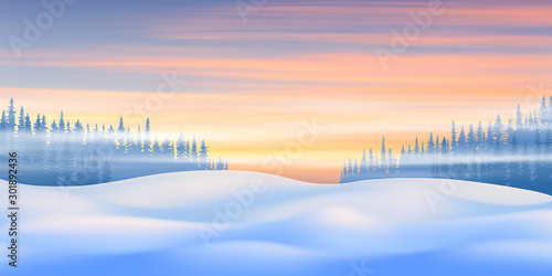 Fantasy on the theme of the winter landscape. Dawn sky and snow drifts. Vector illustration, EPS10