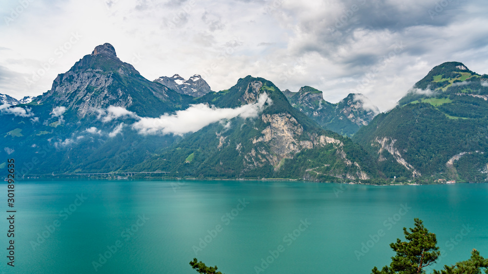 Switzerland, Panoramic view on green Swiss Alps near Isleten.