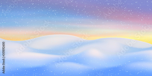 Fantasy on the theme of the winter landscape. Dawn sky and snow drifts. Vector illustration, EPS10