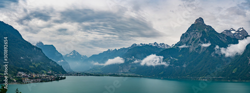 Switzerland, Panoramic view on Fluelen and lake Lucerne.