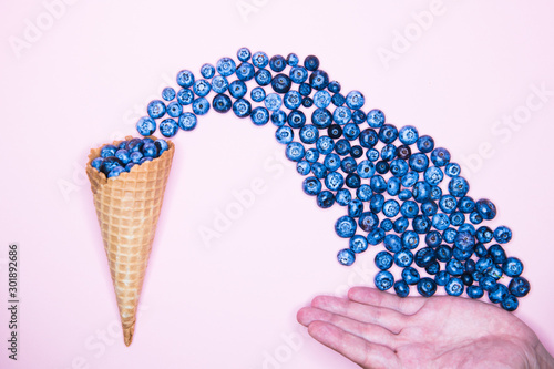Fresh blueberries in ice cream cone on a pink background. Blueberry Blast. Summer vacation concept. Flat lay  top view. The style of natural organic food. hands picking blueberries.